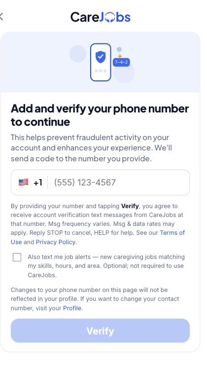 CareJobs phone screen showing the SMS consent language and an unchecked optional job-alerts checkbox