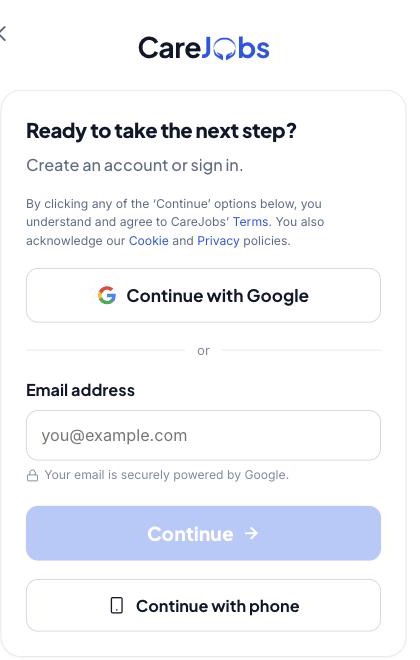 CareJobs sign-up screen with a "Continue with phone" option